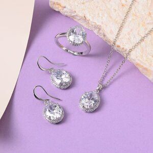 Stunning Faux Diamond Earrings, Halo Ring (S7) and Pendant Necklace 3 Piece Set